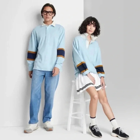 Original use xs light blue w navy and tan striped long sleeves collar shirt - Picture 1 of 12